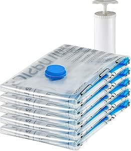 Vacuum Compression Zipper Storage Bags with Airtight Valve and Hand Pump, Large, 5-Pack, Clear